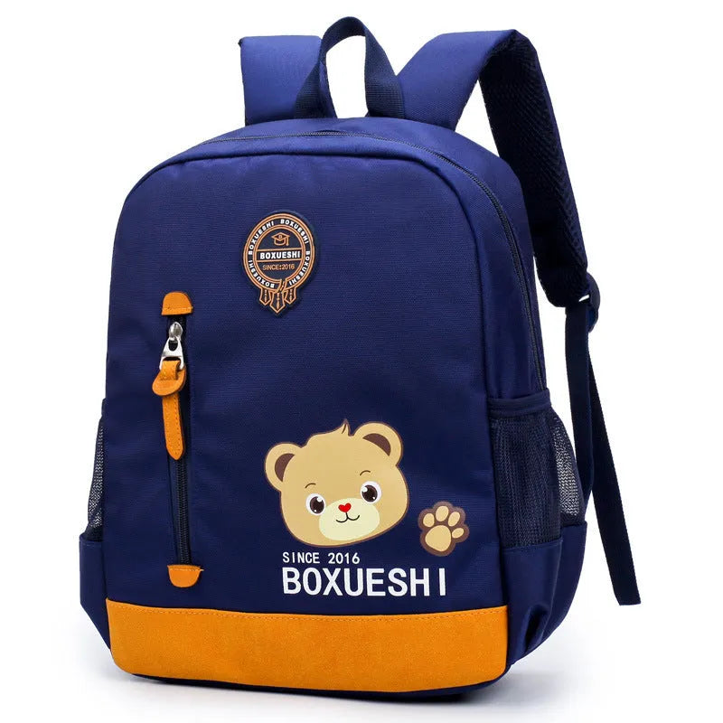 Cartoon bear school backpack for boys in deep blue and mei red colours with adjustable straps