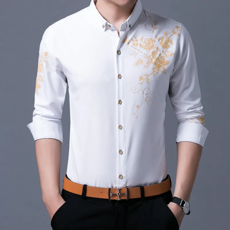 Men's rose flower print long sleeve slim fit cardigan shirt with lapel collar in white, black, red, light blue, dark blue, and brown