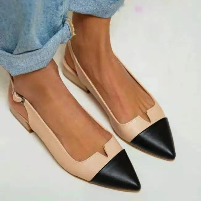 Women's pointed toe low heel pumps with colour matching, chunky heel under 3cm, PU upper, sizes 34-43