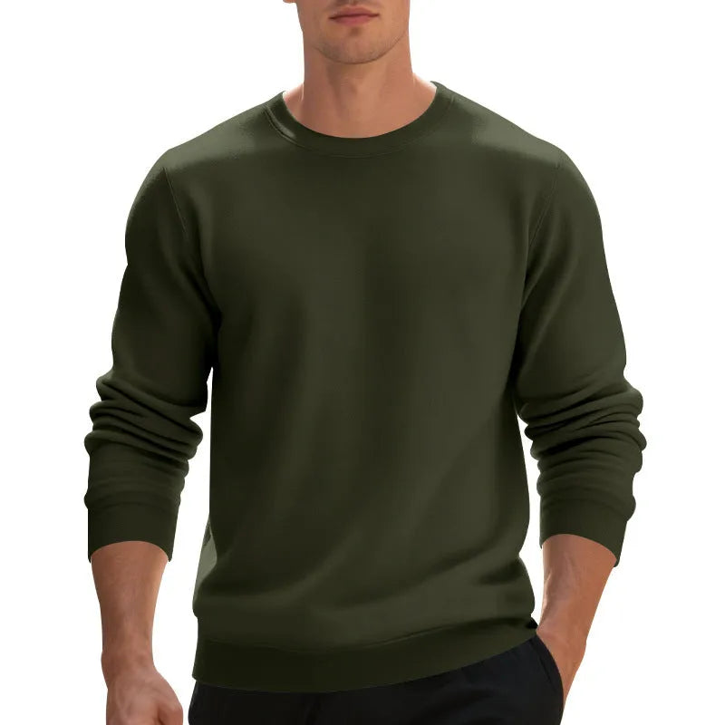 Men's fleece-lined crew neck sweater in black, loose fit, long sleeves, pullover style