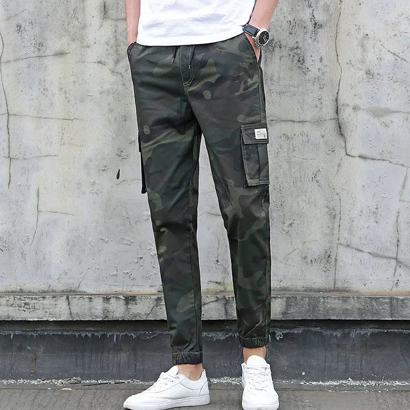 Men's camouflage multi-pocket nine-tenths cargo pants with elastic waist in army green colour