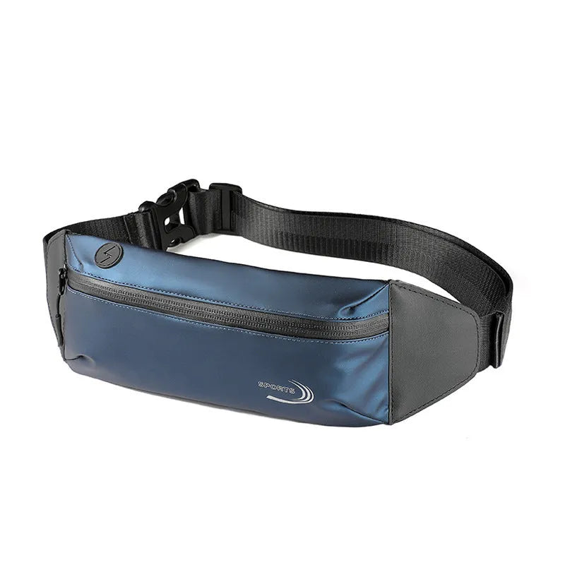 Men's waterproof sports waist bag in black, blue or grey made from 600D Oxford polyester.