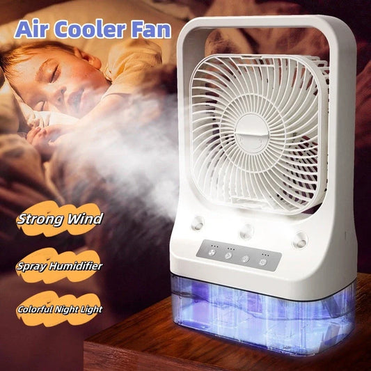 A white USB rechargeable cooling fan with a 270-degree adjustable head for customized airflow and atmosphere-enhancing colorful night lights.