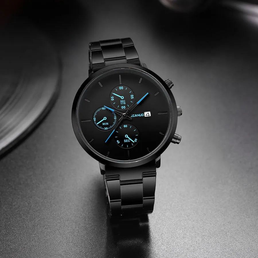 Men's quartz watch with three-eye calendar display, alloy band, black blue colour, slim 10mm thickness