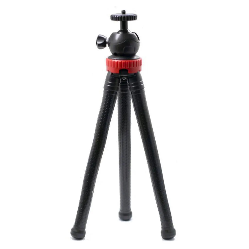 Black flexible octopus tripod with wrapped legs and spherical gimbal head for mounting a smartphone