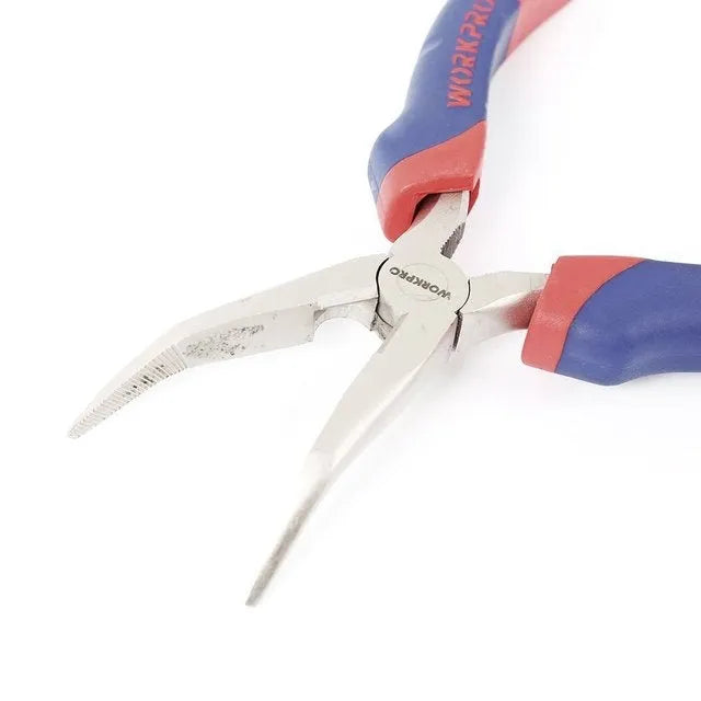 Blue and black handled curved nose pliers on a workbench, showing angled jaw tips.