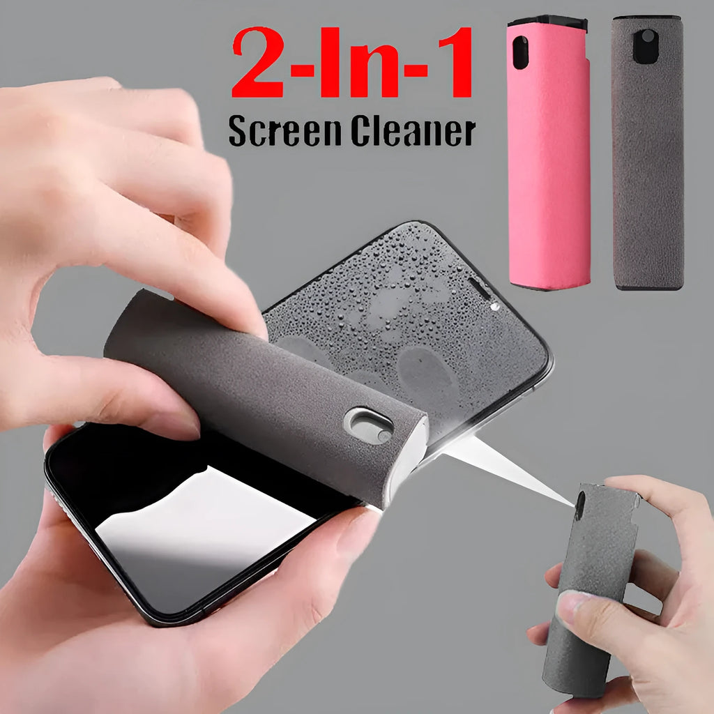 Portable all-in-one screen cleaner kit with built-in microfiber wipe and 10ml fluid bottle in a protective case.