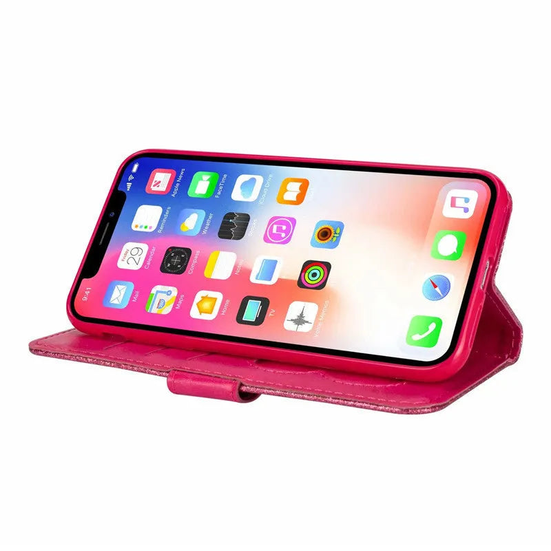 Black PU leather zipper case for iPhone shown closed and open next to a phone.