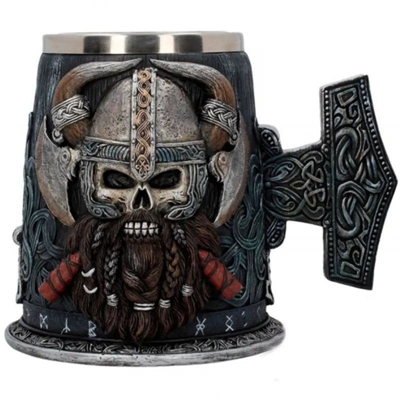 Viking Pirate Beer Mug hand-painted black resin with removable stainless steel insert, runic base and Mjolnir handle