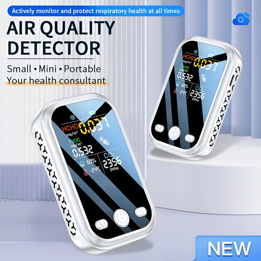Handheld portable air quality detector with temperature and humidity display, black, 85x51x17mm