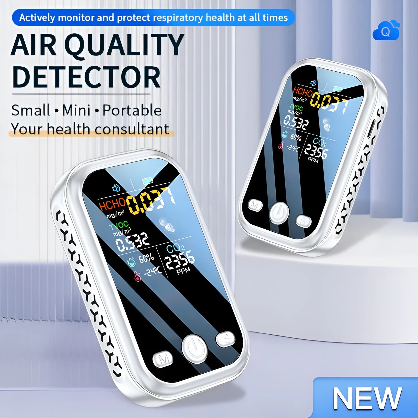 Handheld portable air quality detector with temperature and humidity display, black, 85x51x17mm