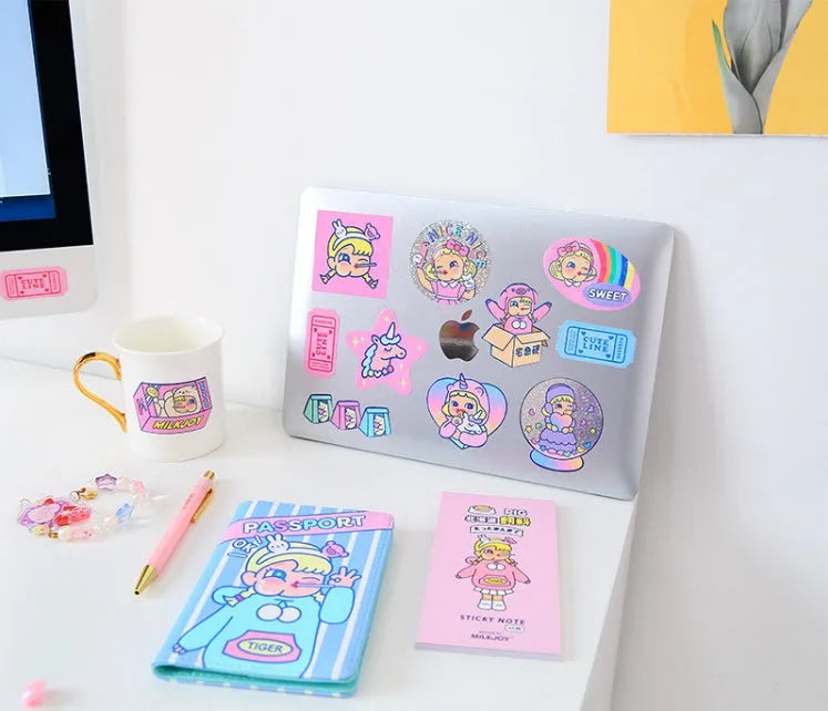 Pack of 16 cute cartoon girl and heart PVC stickers in a square storage box for DIY decoration.
