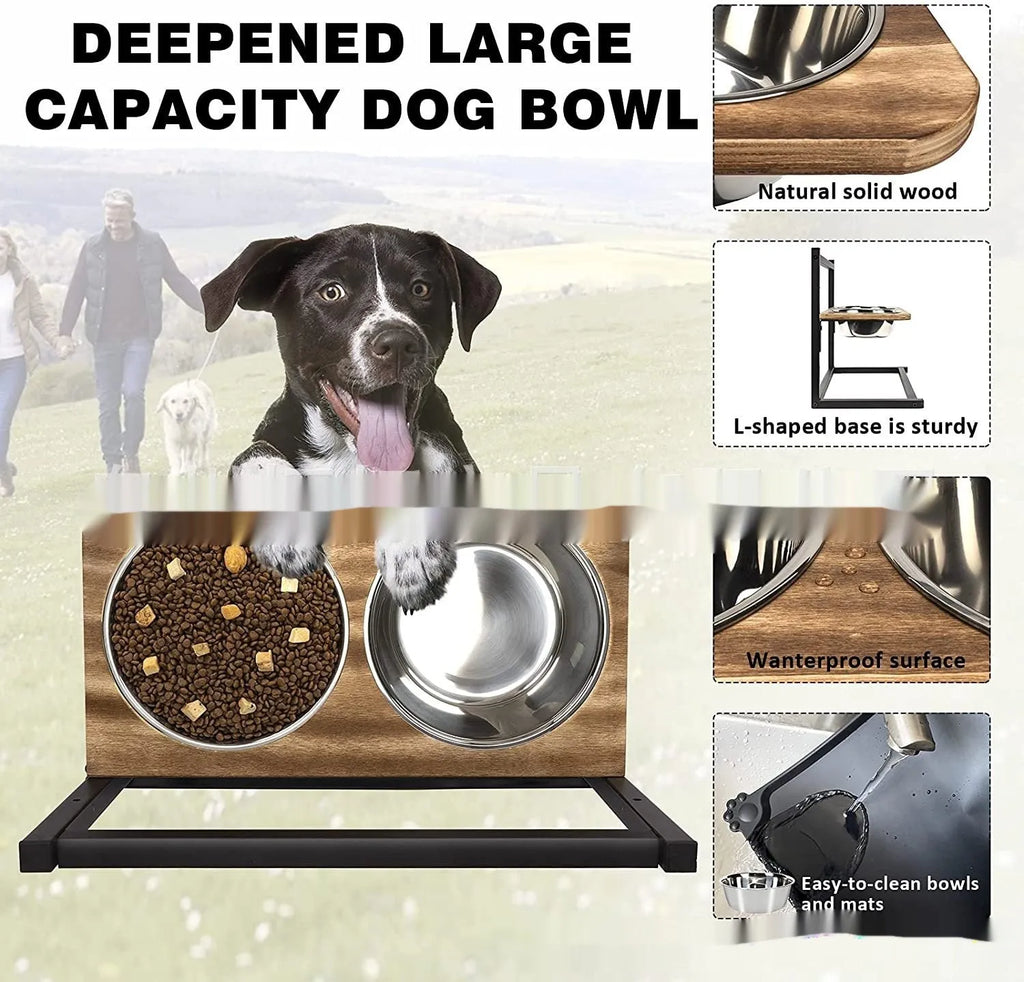 Large black metal dog bowl holder on floor for medium to large dogs.