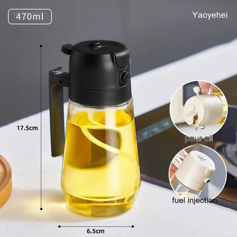470ml glass oil sprayer dispenser in beige, yellow, green or black with spray and pour functions