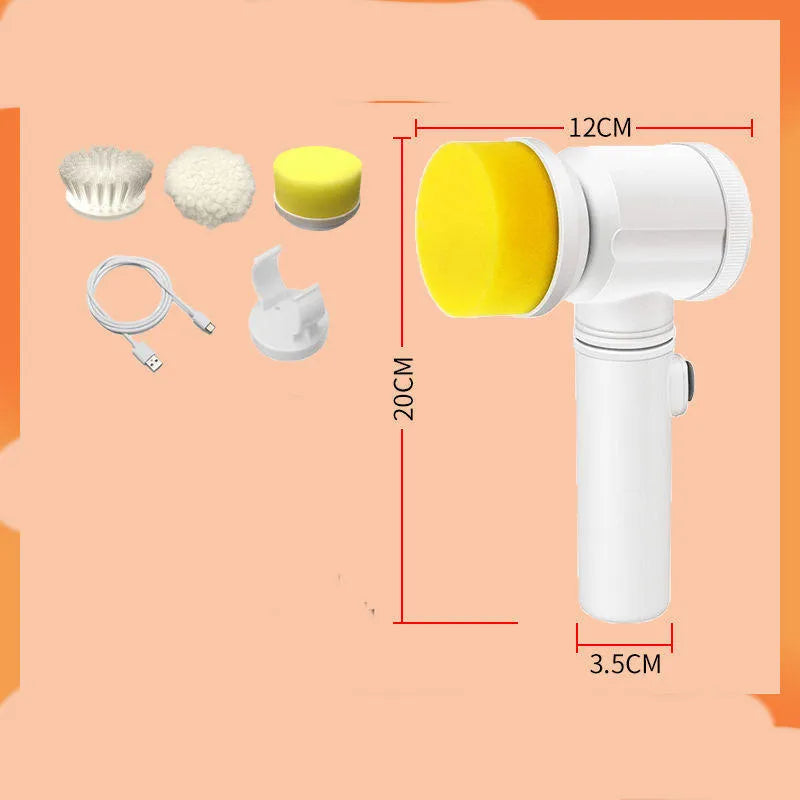 Rechargeable electric kitchen scrubber brush with multiple replaceable brush heads for cleaning stoves and range hoods