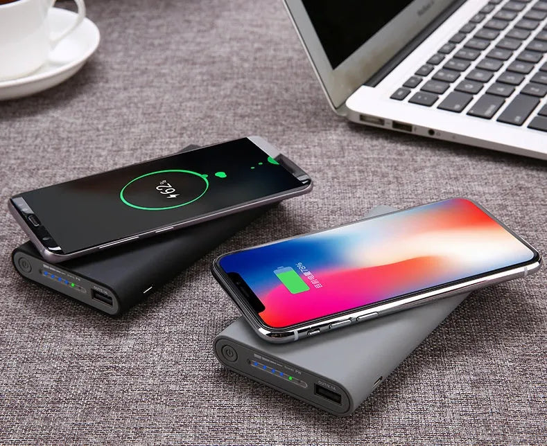 Three in one wireless power bank 10000mAh with USB cable and Qi wireless charging, ABS plastic, Black Gray White