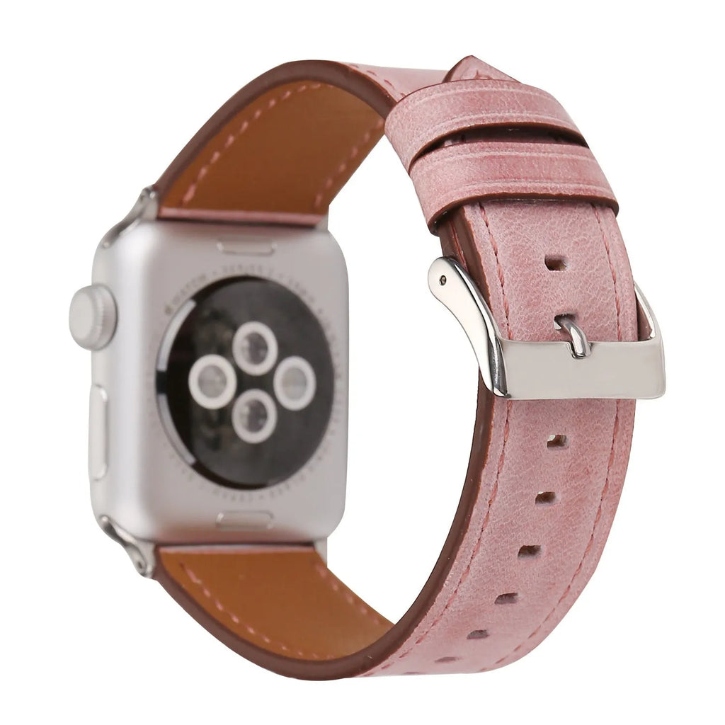 Coloured leather watch strap with a folding buckle on a watch case.