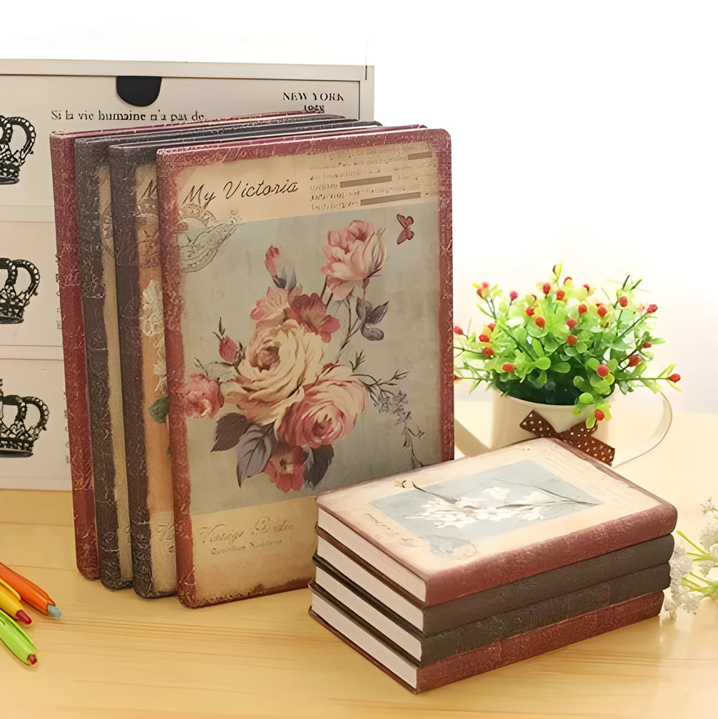 Hardcover notebook with retro floral cloth pattern in Lily, Peony, or White Rose designs, showing 25K and 50K sizes.