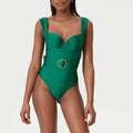 Women's polyester one-piece swimsuit with gauze skirt and shoulder style options