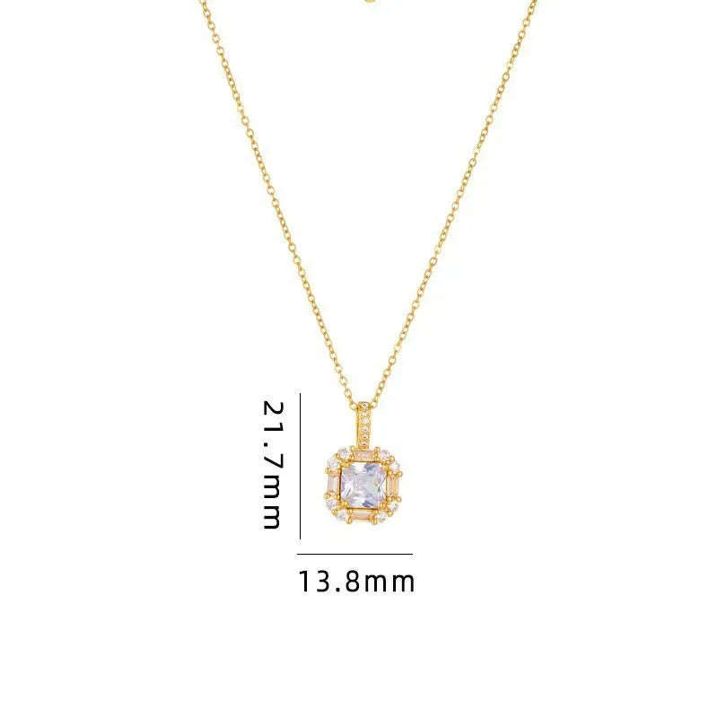 Gold titanium steel clavicle necklace with geometric quadrilateral pendant containing zircon stones