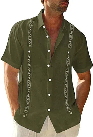 Comfortable Casual Cuban-Style Guayabera Shirt for Men in Red, Navy Blue, White, and Army Green Colors