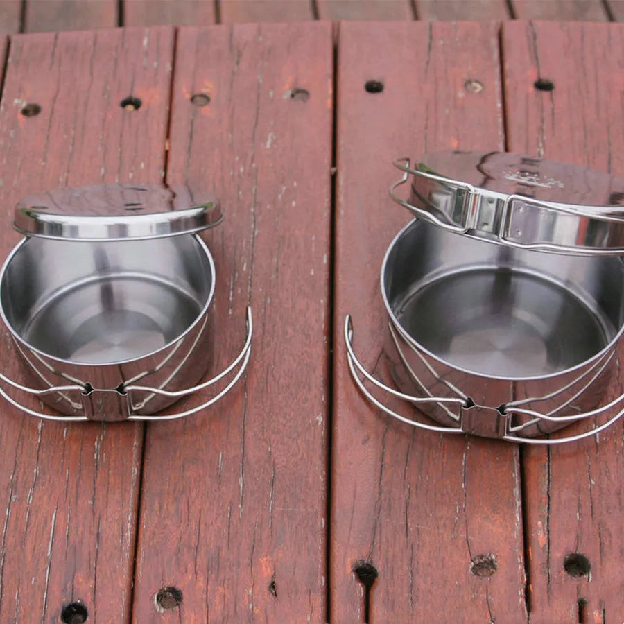 Silver stainless steel outdoor camping pot set with four pieces for 2-3 people