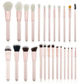 26 pink wooden handle makeup brushes with natural wool bristles in a PU storage bag.