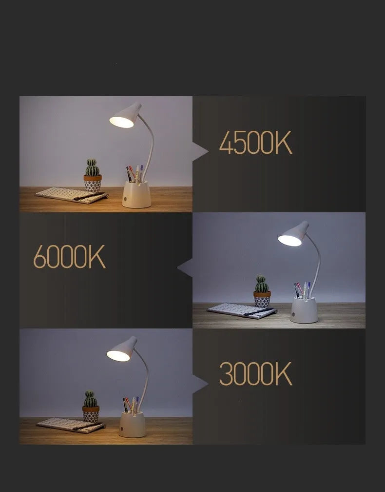 LED folding eye protection table lamp in beige, white, or three colour, with aluminium and ABS body, 8W output, and rechargeable battery