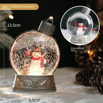 Illuminating LED Christmas decoration with flame-like effect, featuring various holiday figures like Santa, snowman, and angel.