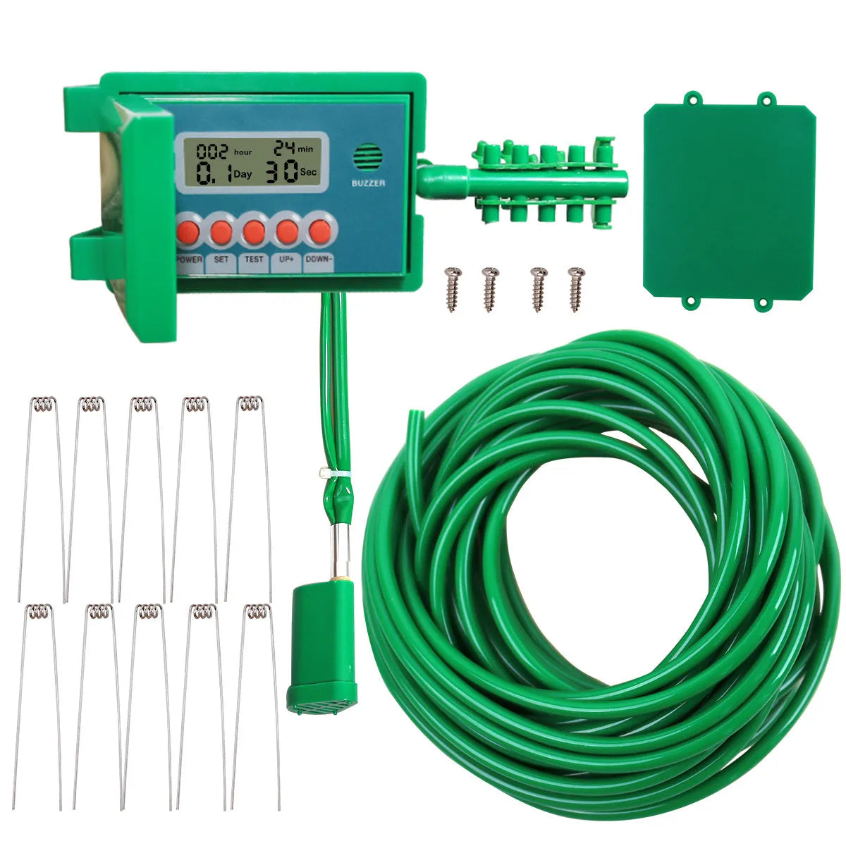 Green ABS automatic micro drip irrigation kit with smart controller, pump, 10 m vinyl tube and ten stainless steel pegs