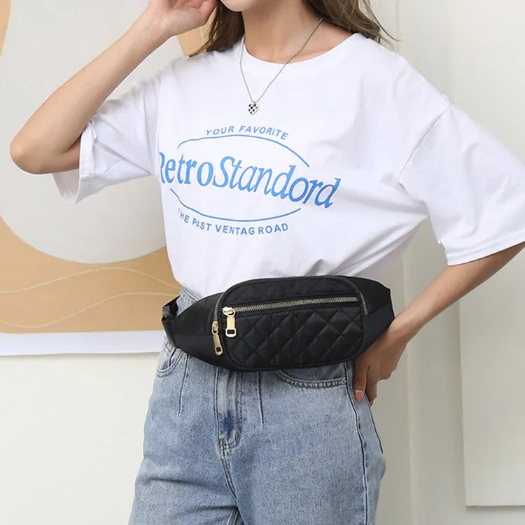 Rhombus nylon fanny pack for women, crossbody waist bag with zipper closure in solid colour, medium size, soft handle.