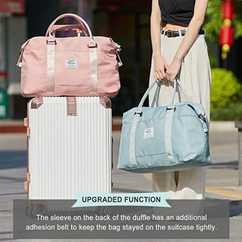Travel duffel bag in black with zipper closure and soft handle, 20-35L capacity nylon gym tote