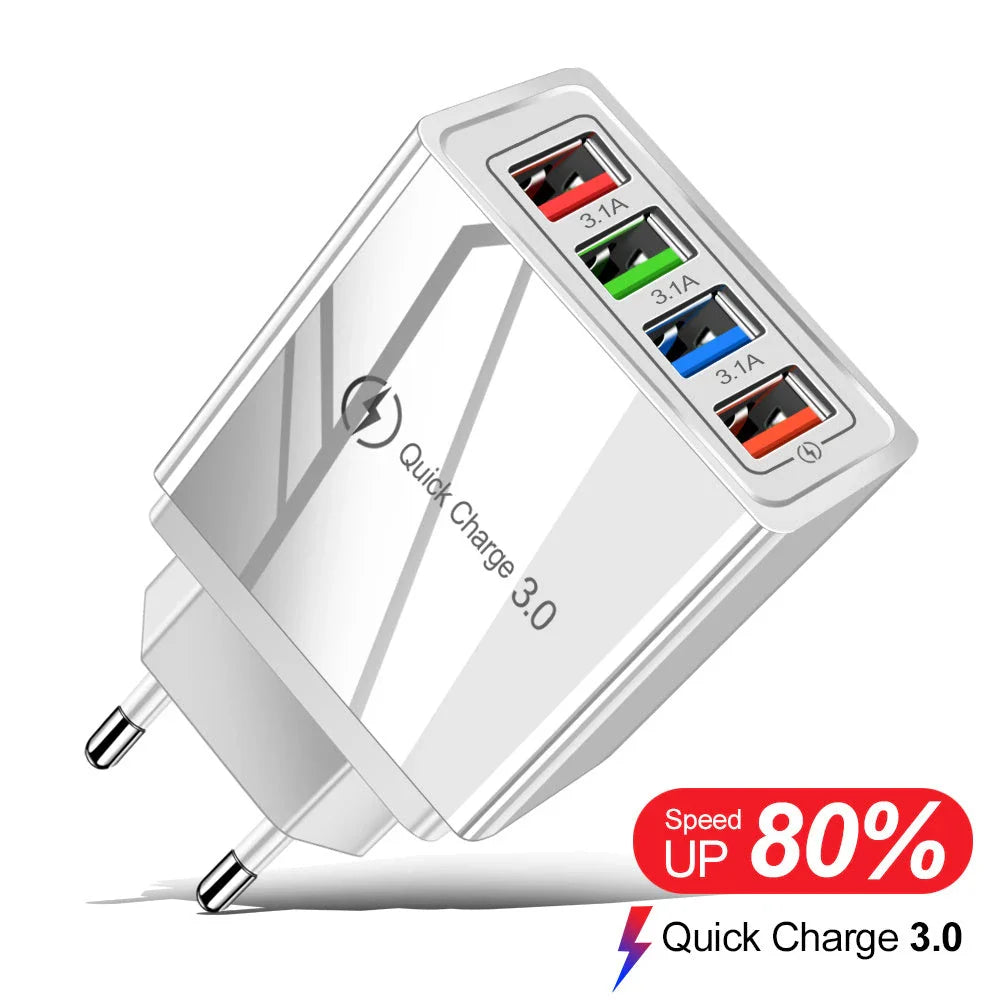 4-port USB wall charger with Quick Charge 3.0 technology for fast charging of smartphones and tablets