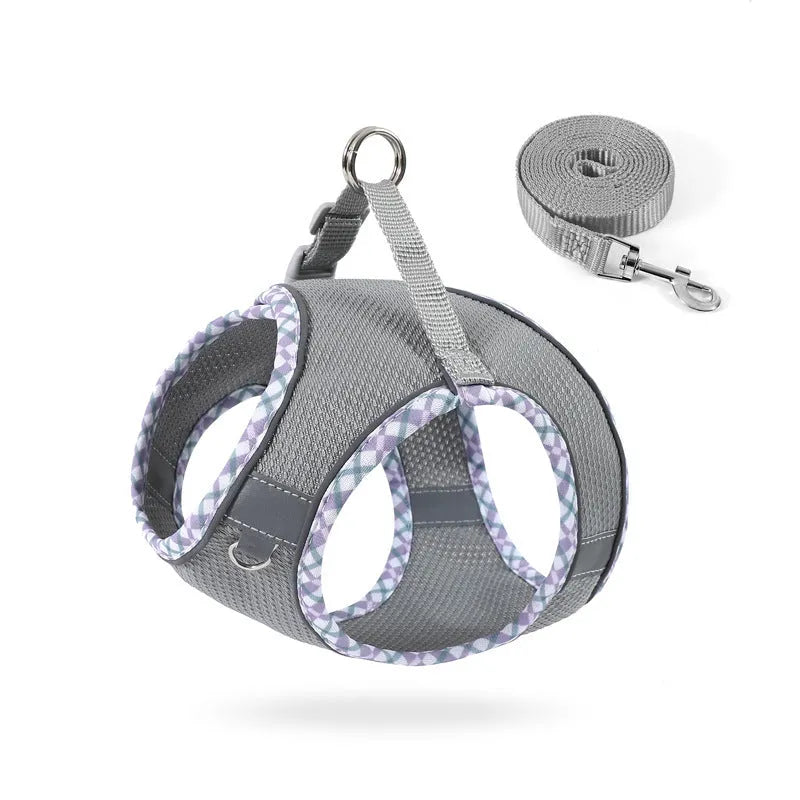 Step-in no-pull dog harness with attached leash, made from breathable mesh with reflective strips and a plastic quick-release buckle.