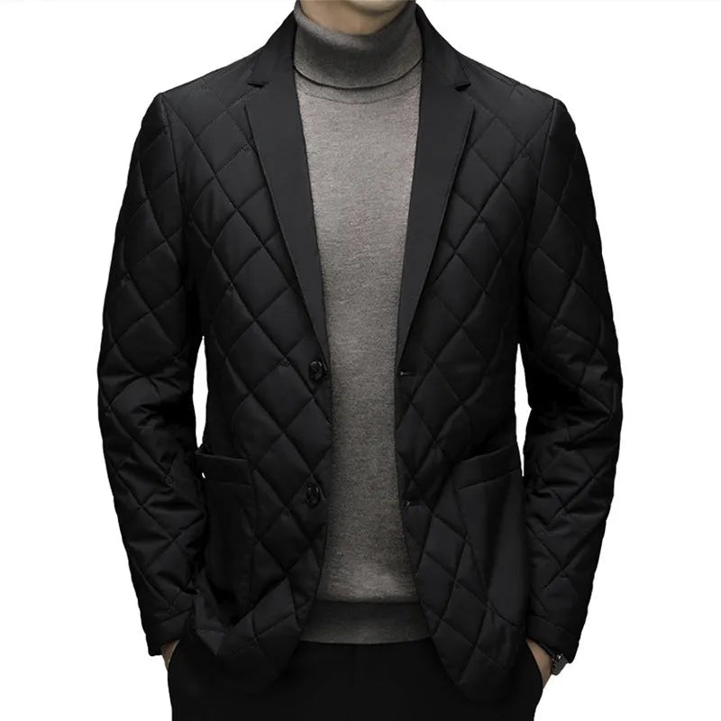 Men's cardigan-style winter down jacket with lapel collar in solid colour with side seam pockets
