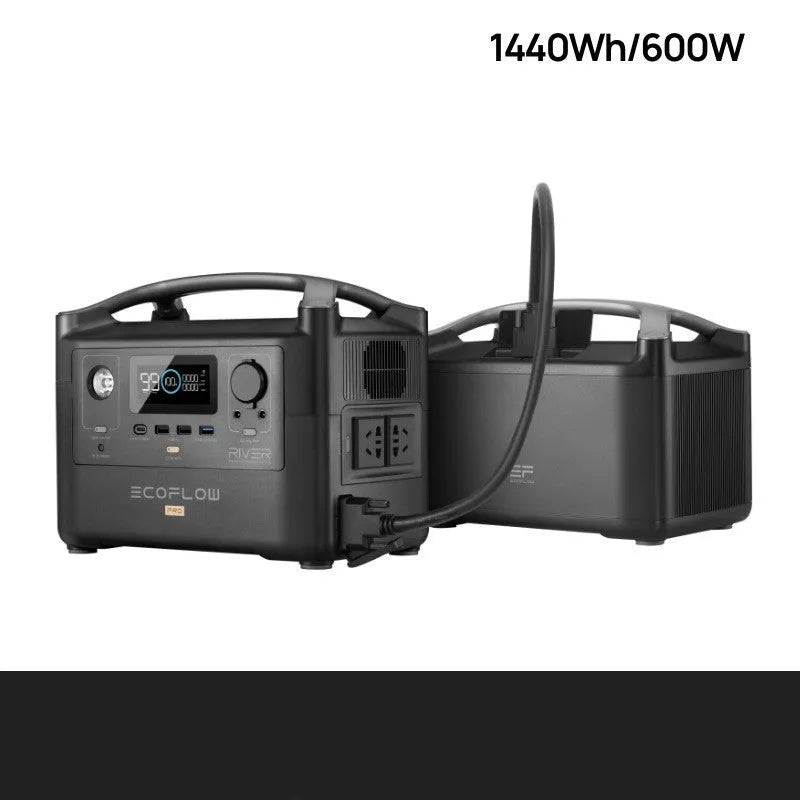 RIVER Pro 720Wh portable power station with display screen, multiple output ports, and carrying handle