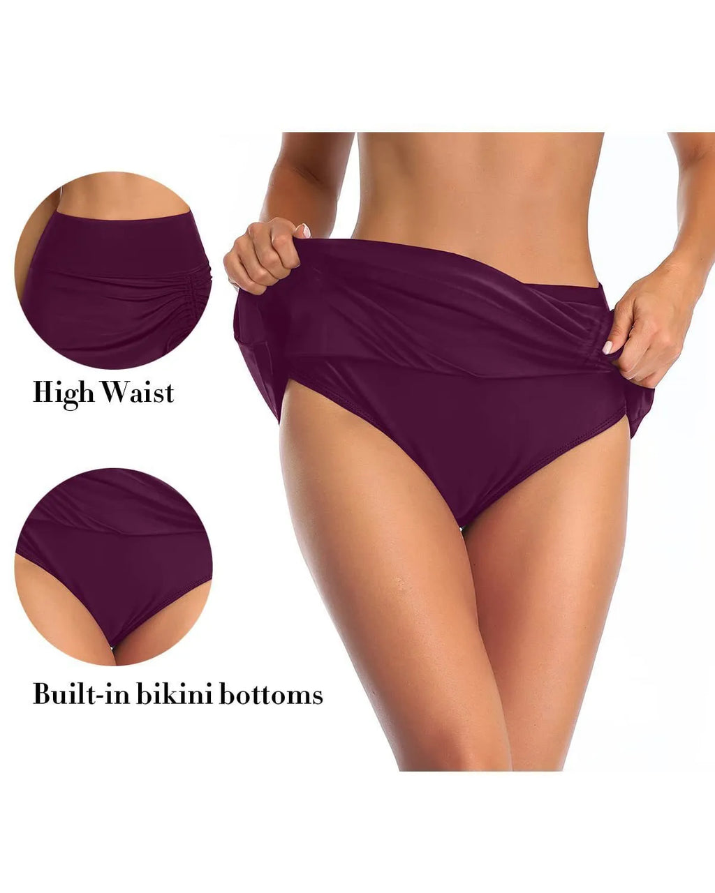 Women's solid colour swimming trunks with lace detail on polyester fabric.