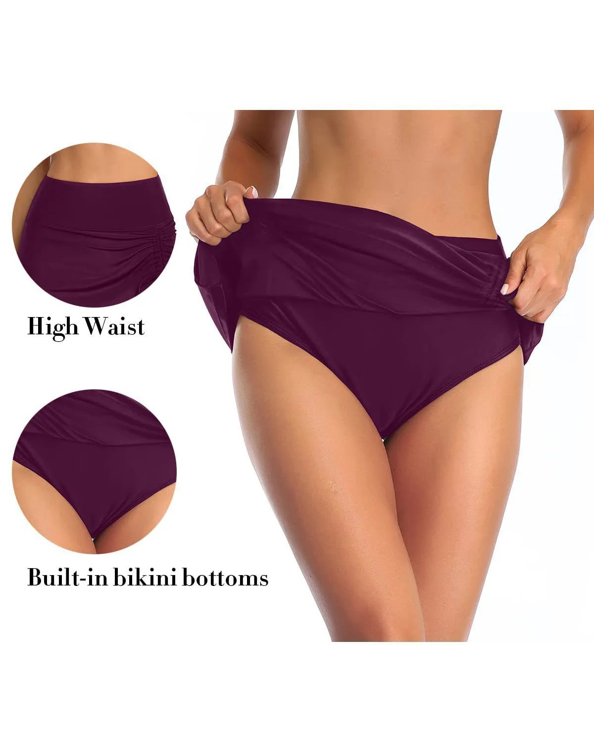 Women's solid colour swimming trunks with lace detail on polyester fabric.