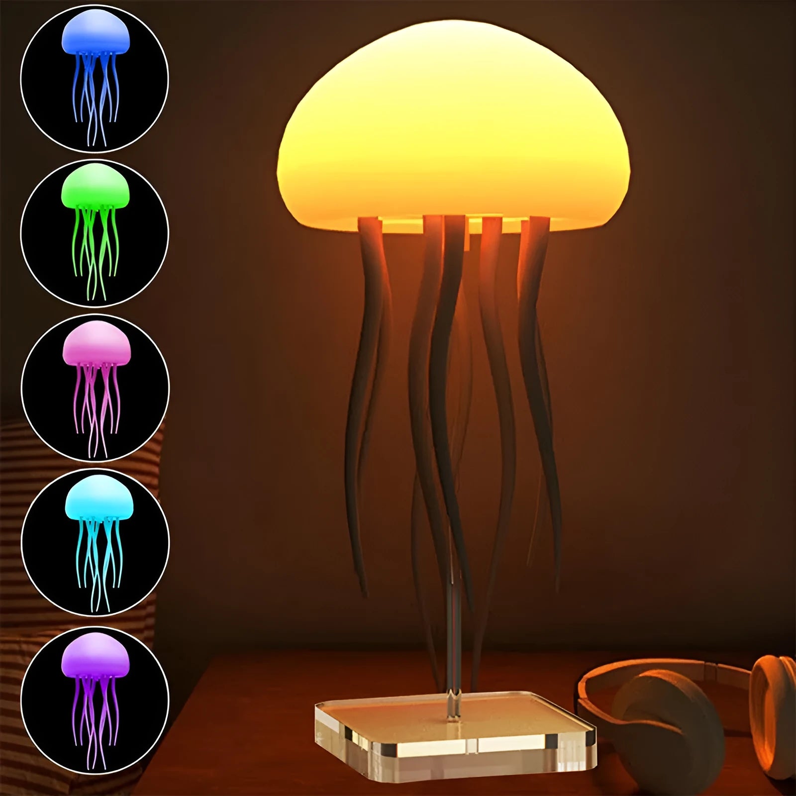 Jellyfish mood lamp with LED lights and adjustable tentacles on desk