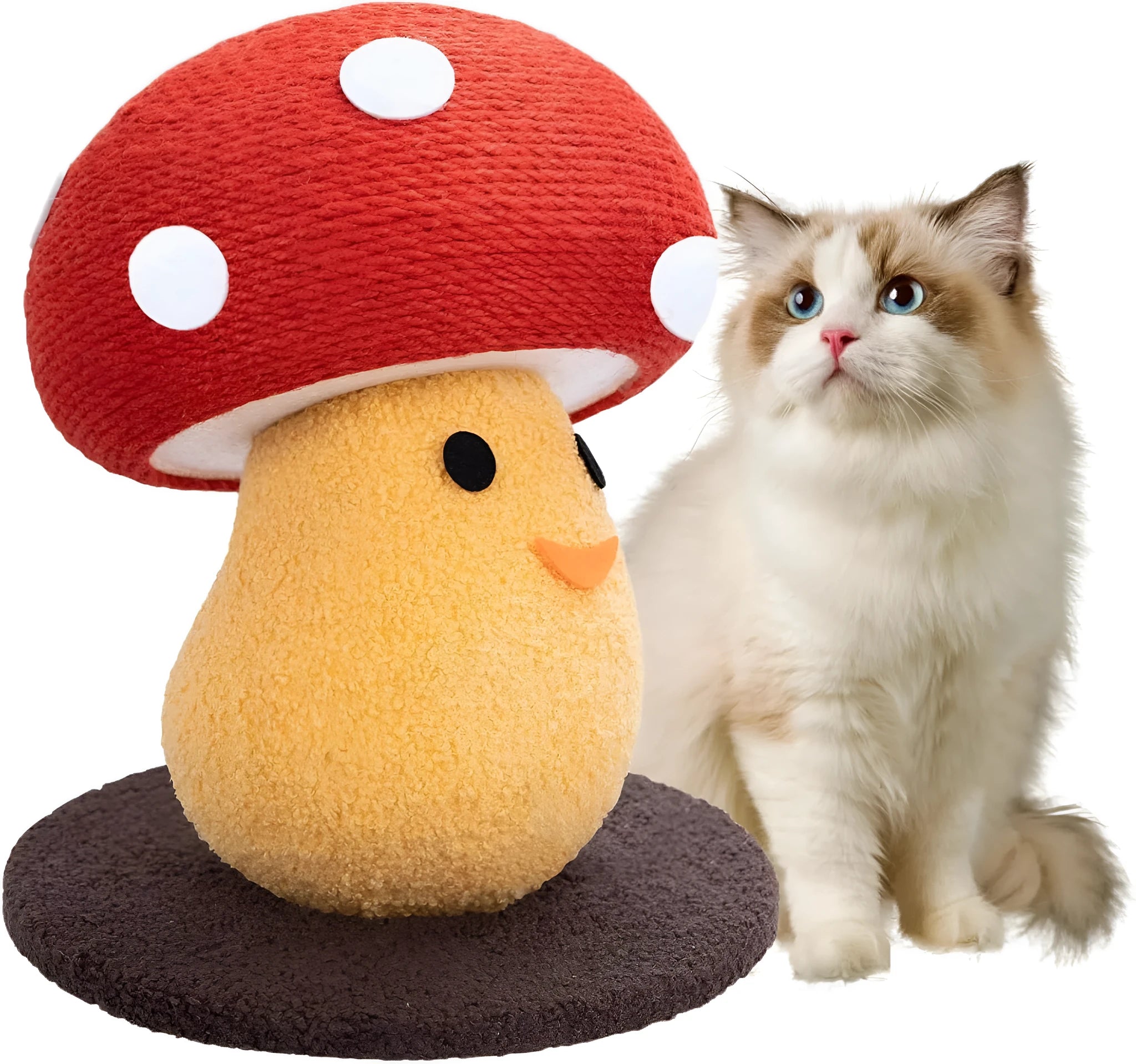 Round mushroom-shaped cardboard cat scratcher with foldable accordion design on floor