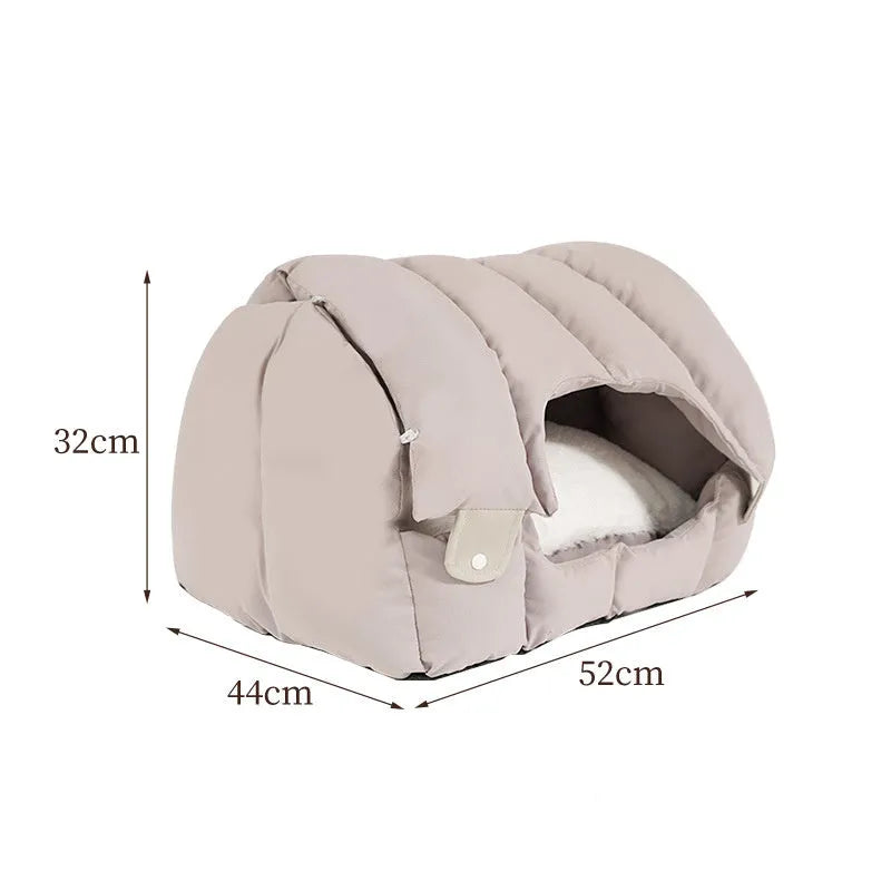 Grey dual-purpose arched pet nest shown as both an enclosed cat bed and an open sofa perch for dogs.