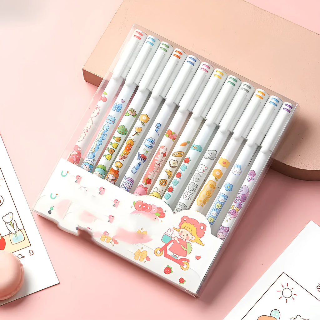 12-colour cartoon gel pen set with 0.5mm fine tips in a plastic body