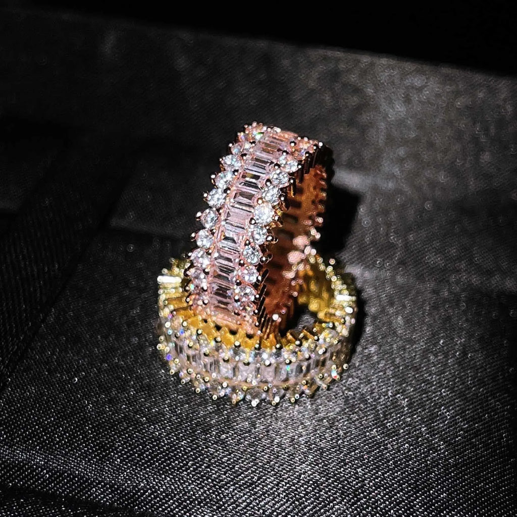 Copper geometric ring with zircon inlay in rose gold finish, unisex size 7
