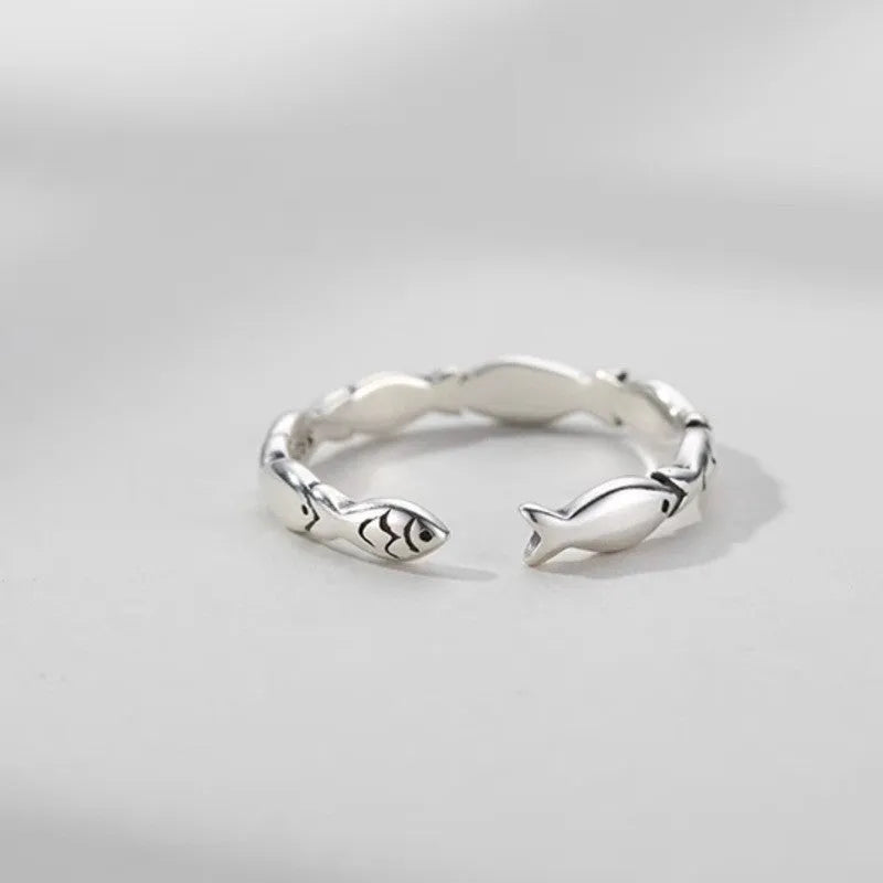 Women's adjustable S925 sterling silver fish ring with carp design and open mouth construction