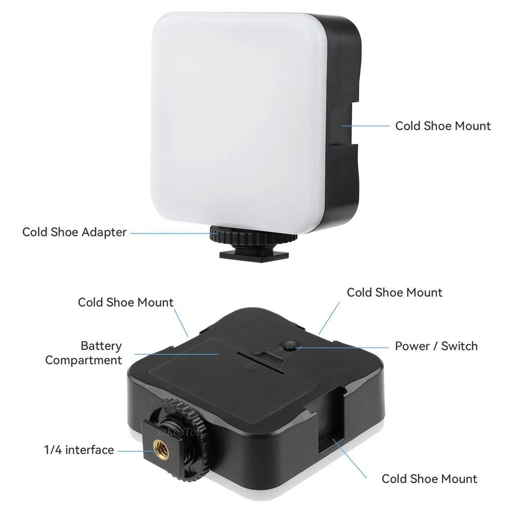 LED mini square outdoor pocket light tripod flash unit showing compact dimensions and rotatable head