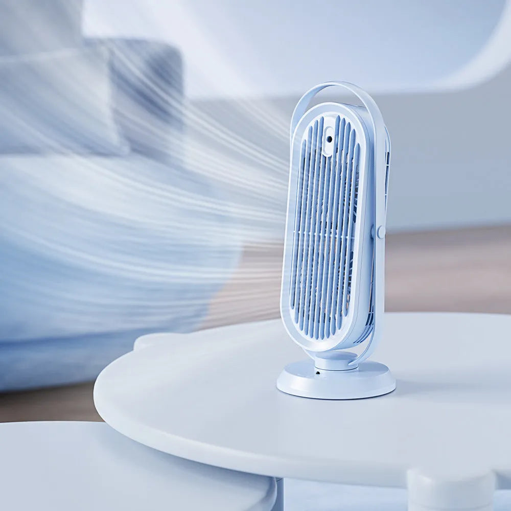 USB tower fan in dark blue with remote control on a desktop