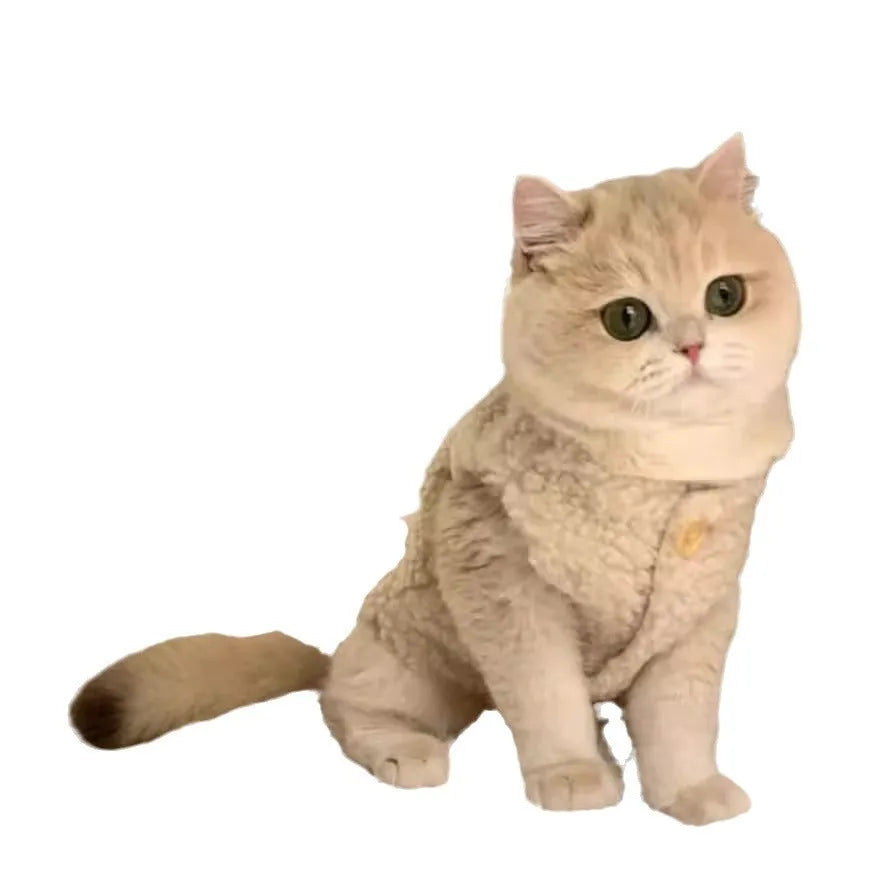 Apricot and brown polar fleece cat vest shown in sizes XS to XL for winter warmth.