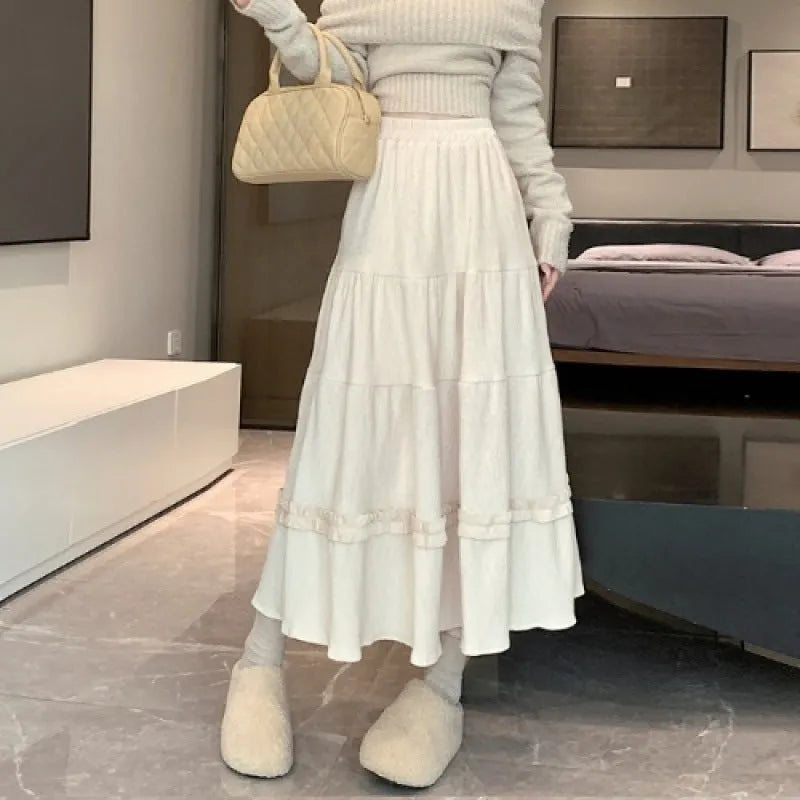 Korean style corduroy A-line midi skirt with elastic waistband in solid colour options