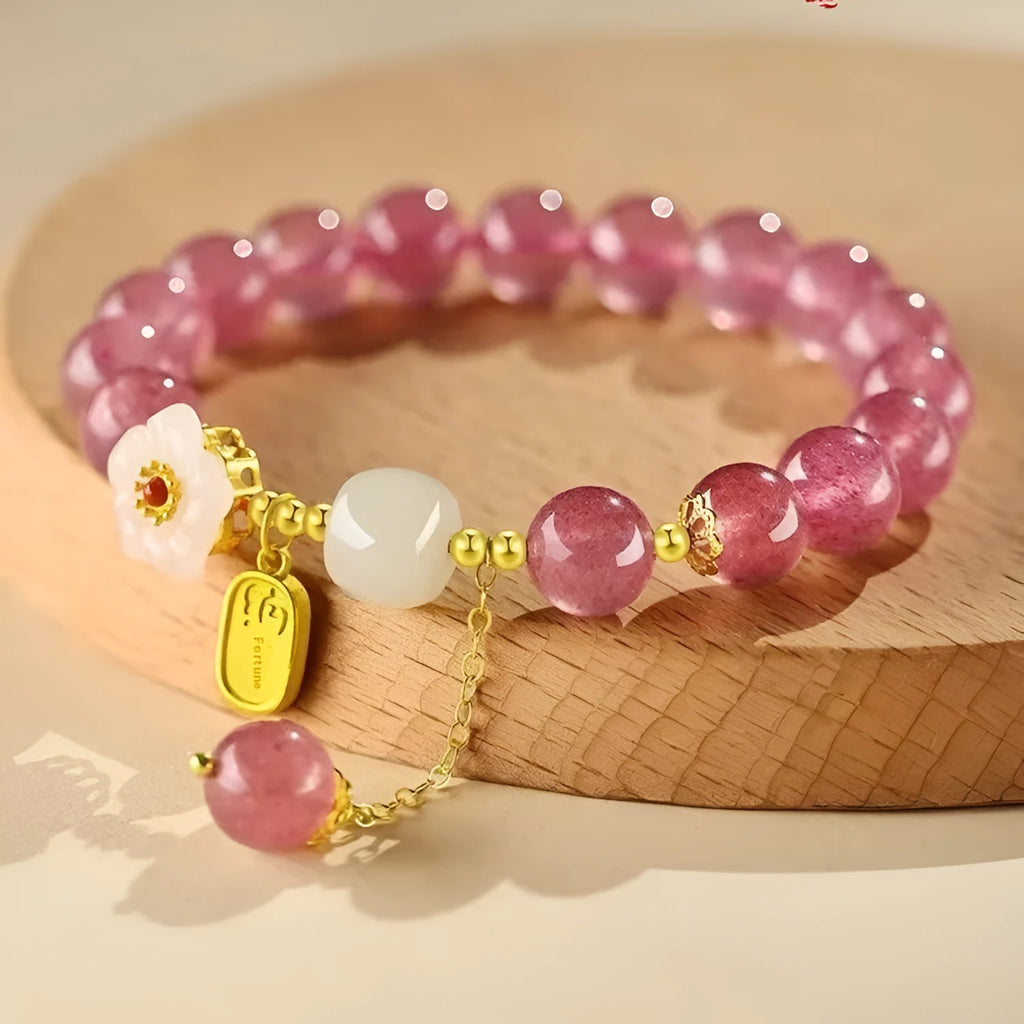 Handmade strawberry quartz crystal bracelet with Hetian jade peach blossom decoration and various charm styles