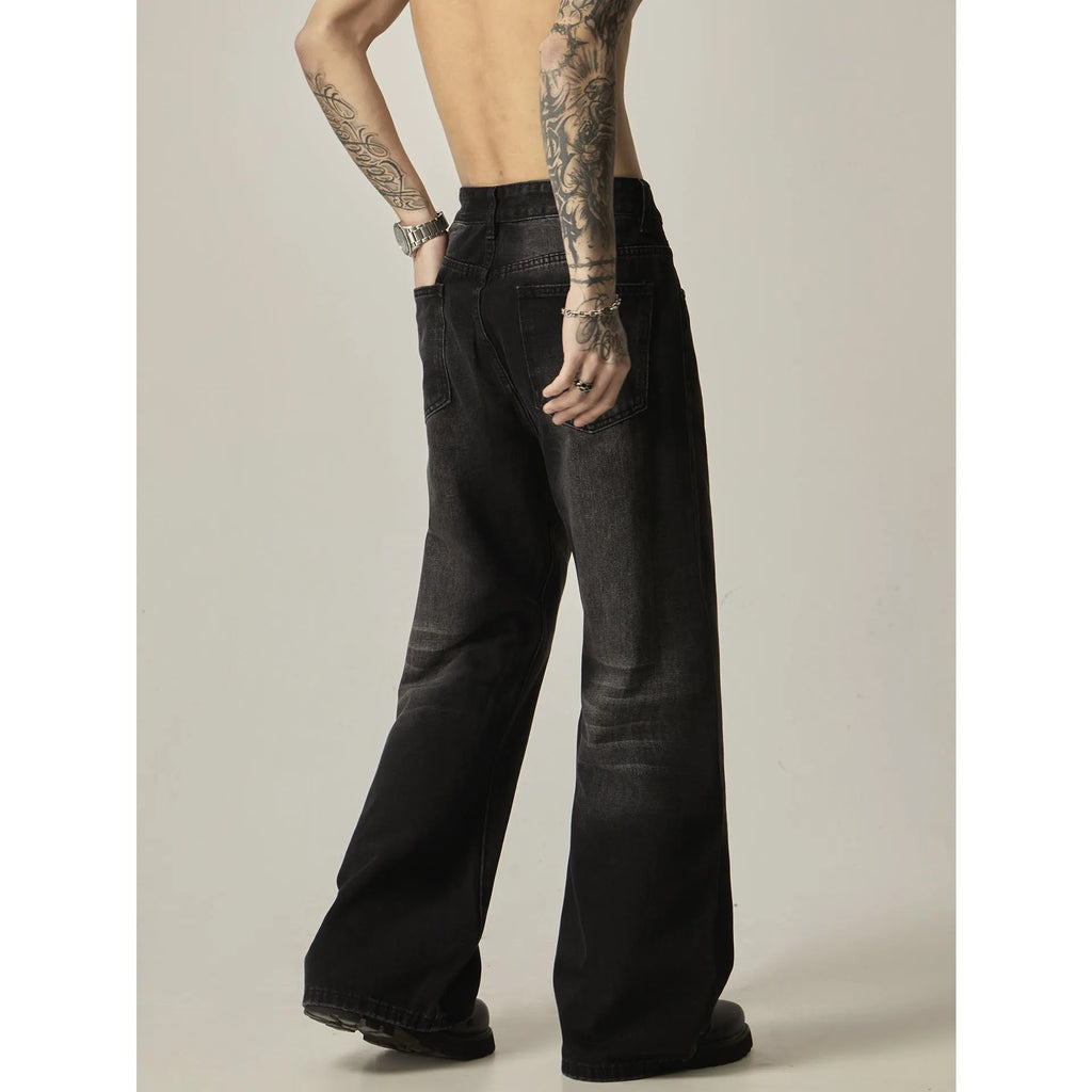 Black loose straight retro jeans with zipper fly shown from front and back views